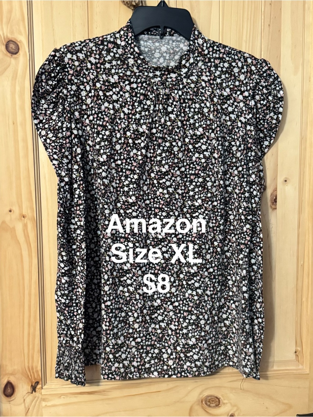 Amazon Black Floral Puff-Sleeve Blouse with Pink and White Accents